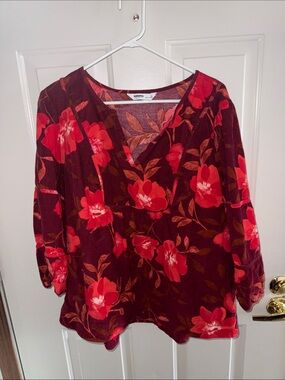 Sonoma Goods for Life Burgundy and Red Floral Corduroy V-Neck Blouse